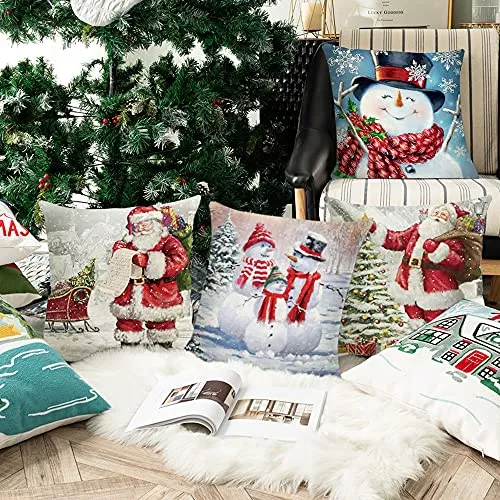 AcnA Natale Fodere per Cuscini,4 Pezzi Cuscini Caso Federa,Copricuscini Natalizi 45x45cm,Pupazzo di Neve Invernale Babbo Nataliz