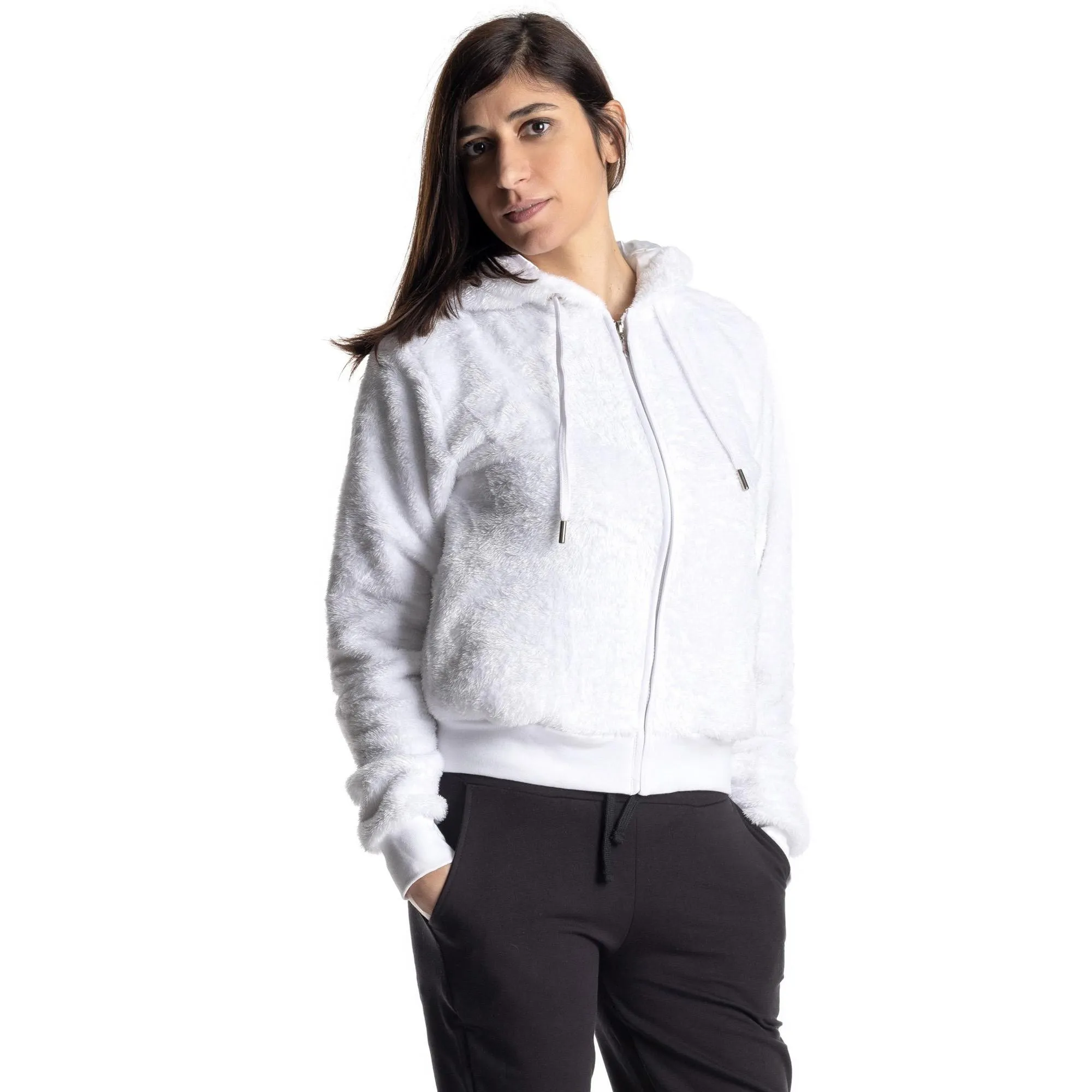 Felpa in sherpa con cappuccio e zip da donna Fluo&Black