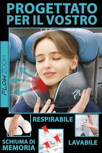 FLOWZOOM COMFY Cuscino da Viaggio - Cuscino Memory Foam - Supporto per Testa e Collo Regolabile in Larghezza - Cuscino Aereo in 